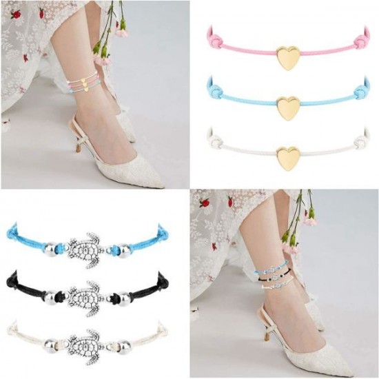 12PCS Women's Beach Turtle/Coin/Heart Ankle Bracelets Waterproof Rope Boho Layered Beach Adjustable Chain Anklet Friendship Gift